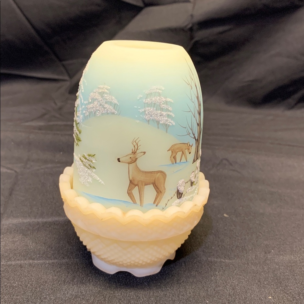 1979 Han Painted by S. Hart Fairy Lamp Winter Scene Snow Deer Fenton NO CHIPS. - Picture 2 of 10